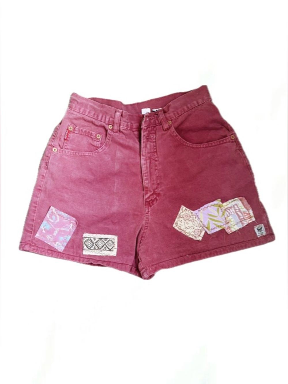 Vintage Upcycled Maroon Hawaiian Patchwork High-Waist Shorts